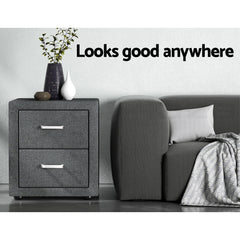 Artiss 2X Bedside Table 2 Drawers Side Table Fabric - CADEN Grey