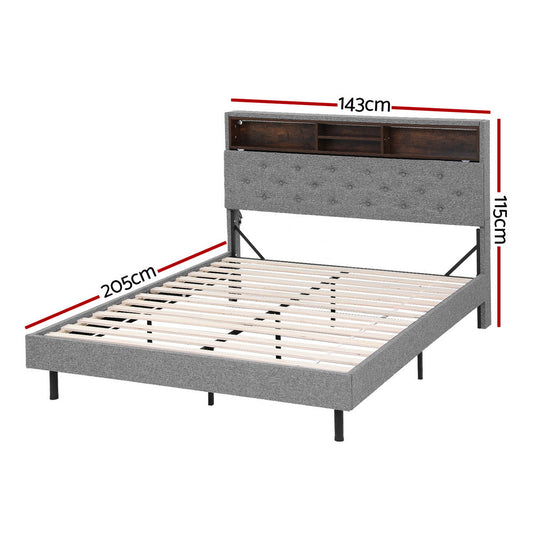 Artiss Bed Frame Double Size LED Mattress Base Platform with Storage Shelf Hidden Storage Box Grey