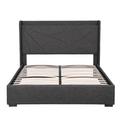 Artiss Queen Bed Frame Gas Lift Storage Bed with Charging Ports Upholstered Geometric Headboard Charcoal Grey