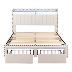 Artiss Queen Upholstered Bed Frame with Shelf Storage Drawers Charging Station Mood Lighting Linen