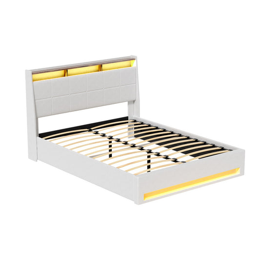 Artiss Bed Frame Gas Lift LED Beds Base Platform White PVC Leather Storage Headboard - Double