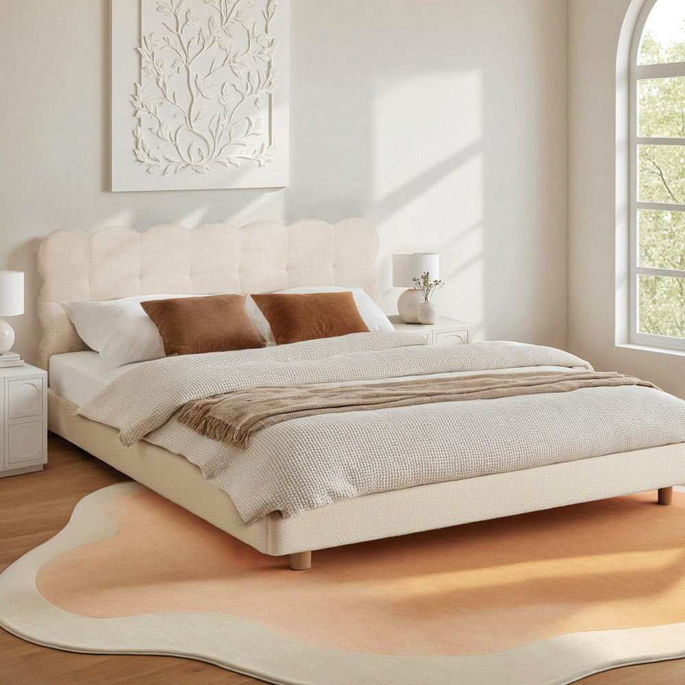 Artiss Double Bed Frame Cloud Headboard Boucle Fabric Mattress Platform Base White