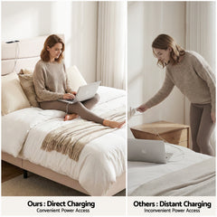 Artiss Queen Bed Frame with Storage Adjustable Headboard Platform Base Linen Fabric Charging Ports