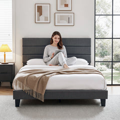 Artiss Double Bed Frame Upholstered Platform Base with Geometric Headboard Charcoal Grey Linen Wood Slats for Modern Bedroom Furniture Home Decor