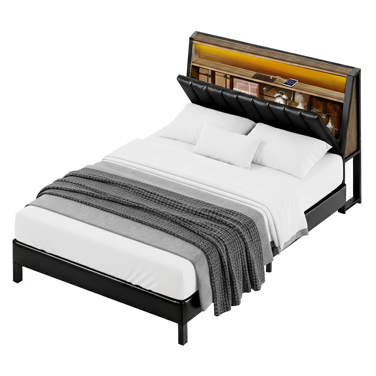 Artiss Double Bed Frame LED Storage Headboard with Charging Station Black