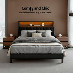 Artiss Queen Bed Frame LED Storage Headboard with Charging Station Black