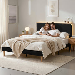 Artiss Double Bed Frame Upholstered Adjustable Headboard Mood Lighting Heavy Duty Black Velvet