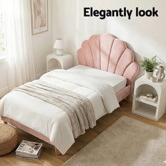 Artiss Bed Frame King Single with Bedside Table Set Scallop Headboard Pink Velvet Fabric Beds Base