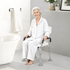 Shower Seat 6-Level Height Adjustable Bath Chair with Removable Backrest and Arms for Elderly Disabled Handicap Non-slip Bathroom Stool 136kg Capacity