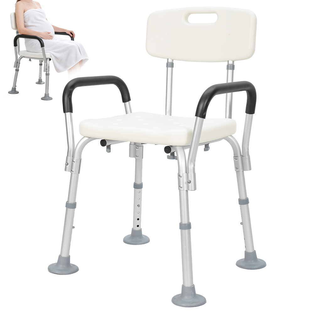 Shower Seat 6-Level Height Adjustable Bath Chair with Removable Backrest and Arms for Elderly Disabled Handicap Non-slip Bathroom Stool 136kg Capacity