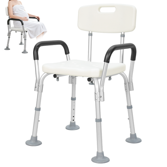 Shower Seat 6-Level Height Adjustable Bath Chair with Removable Backrest and Arms for Elderly Disabled Handicap Non-slip Bathroom Stool 136kg Capacity