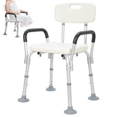 Shower Seat 6-Level Height Adjustable Bath Chair with Removable Backrest and Arms for Elderly Disabled Handicap Non-slip Bathroom Stool 136kg Capacity