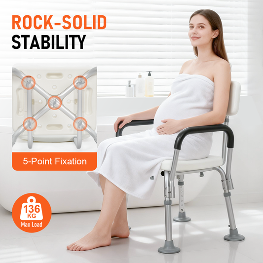 Shower Seat 6-Level Height Adjustable Bath Chair with Removable Backrest and Arms for Elderly Disabled Handicap Non-slip Bathroom Stool 136kg Capacity