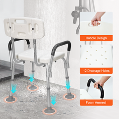 Shower Seat 6-Level Height Adjustable Bath Chair with Removable Backrest and Arms for Elderly Disabled Handicap Non-slip Bathroom Stool 136kg Capacity