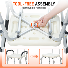Shower Seat 6-Level Height Adjustable Bath Chair with Removable Backrest and Arms for Elderly Disabled Handicap Non-slip Bathroom Stool 136kg Capacity