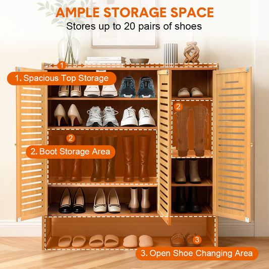 Bamboo Shoe Cabinet Multi-Tier Freestanding Shoe Storage Rack Hold Up to 20 Pairs with Ventilated Magnetic Door for Entryway Hallway Living Room 88x32x95cm