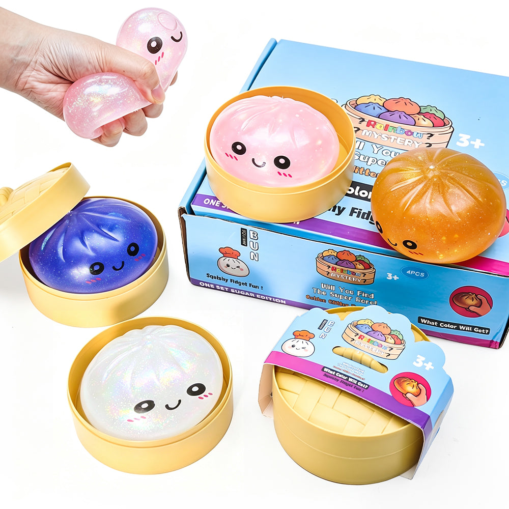 4 Pack Dumpling Squeeze Toys Squishy Bun Mystery Box Glitter Fidget Sensory TPR Stress Ball for Adults Teens Kids Party Holiday Birthday Gifts Multi Color