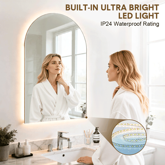 Arched Bathroom Backlit Mirror Shatterproof Tempered Glass with 3 Colors and Dimmable LED Lights Frameless Anti-fog Waterproof Vanity Wall Mirror 89x60cm