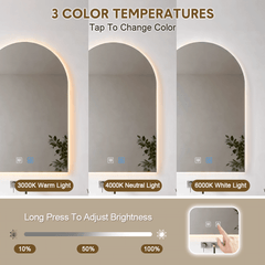 Arched Bathroom Backlit Mirror Shatterproof Tempered Glass with 3 Colors and Dimmable LED Lights Frameless Anti-fog Waterproof Vanity Wall Mirror 89x60cm