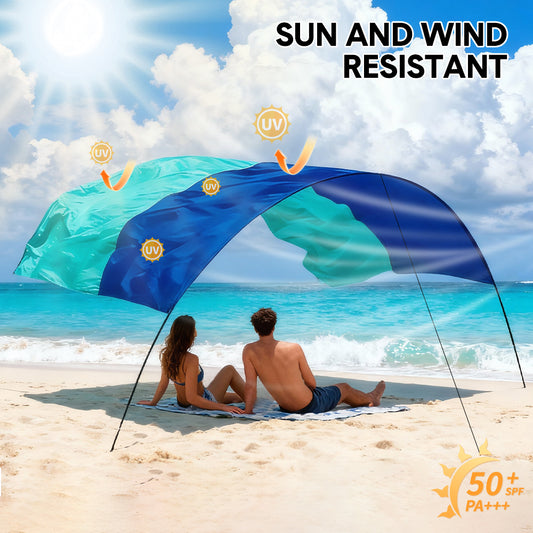 5x3m Beach Shade Canopy Lightweight UPF50+ Sun Shelter for Up to 6 People with Wind Rope Ground Nails and Carry Bag for Beach Camping Wind Assist Included