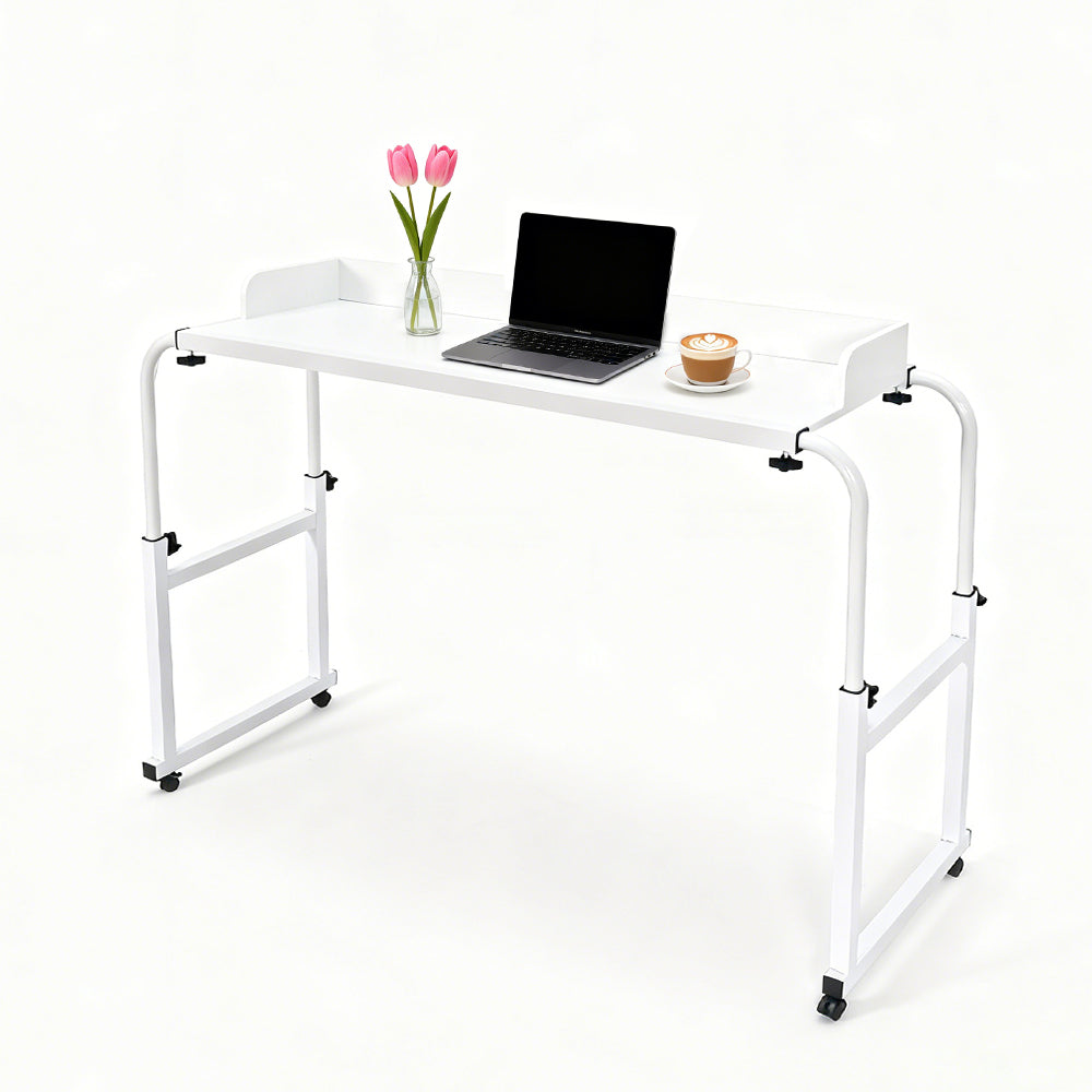 Over Bed Table Adjustable Height and Length Bedside Table Sturdy Wood and Steel Frame with Silent Wheels and Raised Guards for Home Office Hospital White