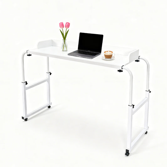 Over Bed Table Adjustable Height and Length Bedside Table Sturdy Wood and Steel Frame with Silent Wheels and Raised Guards for Home Office Hospital White