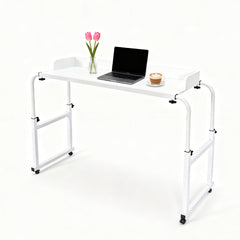 Over Bed Table Adjustable Height and Length Bedside Table Sturdy Wood and Steel Frame with Silent Wheels and Raised Guards for Home Office Hospital White