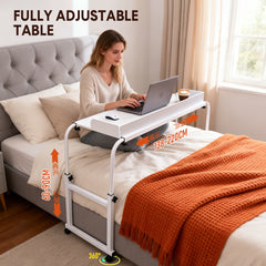 Over Bed Table Adjustable Height and Length Bedside Table Sturdy Wood and Steel Frame with Silent Wheels and Raised Guards for Home Office Hospital White
