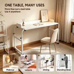 Over Bed Table Adjustable Height and Length Bedside Table Sturdy Wood and Steel Frame with Silent Wheels and Raised Guards for Home Office Hospital White