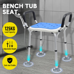 Portable Shower Chair Non-Slip Bench Tub Seat 57-70cm Height Adjustable Stool Max Load 125kg with Removable Arms for Adults Elderly Disabled Safety