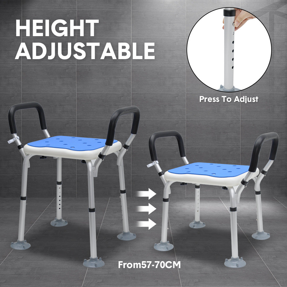 Portable Shower Chair Non-Slip Bench Tub Seat 57-70cm Height Adjustable Stool Max Load 125kg with Removable Arms for Adults Elderly Disabled Safety