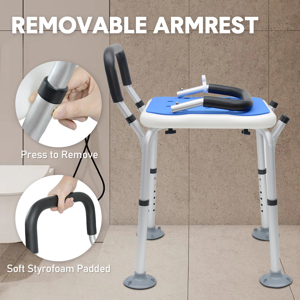Portable Shower Chair Non-Slip Bench Tub Seat 57-70cm Height Adjustable Stool Max Load 125kg with Removable Arms for Adults Elderly Disabled Safety