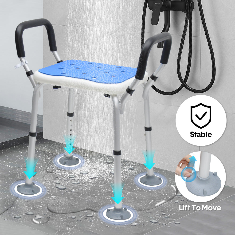 Portable Shower Chair Non-Slip Bench Tub Seat 57-70cm Height Adjustable Stool Max Load 125kg with Removable Arms for Adults Elderly Disabled Safety