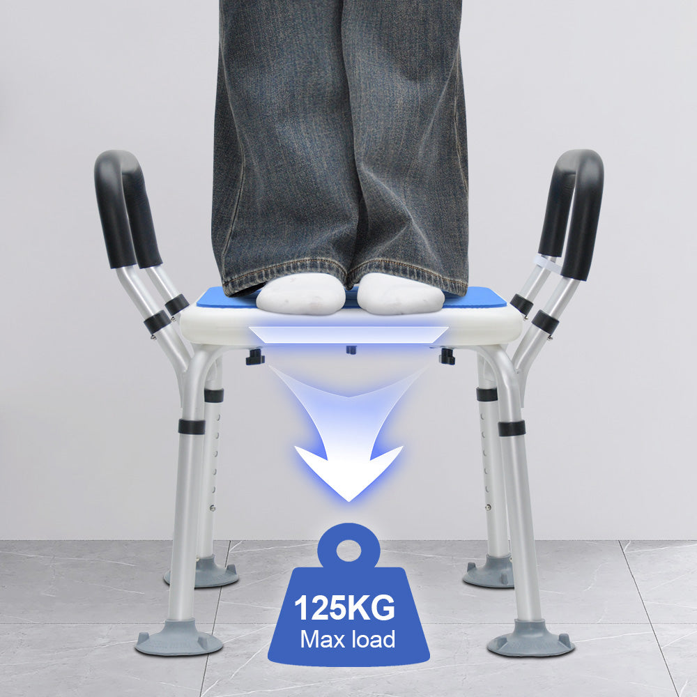 Portable Shower Chair Non-Slip Bench Tub Seat 57-70cm Height Adjustable Stool Max Load 125kg with Removable Arms for Adults Elderly Disabled Safety