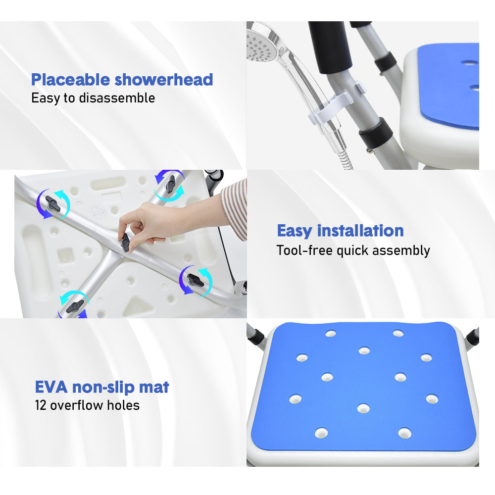 Portable Shower Chair Non-Slip Bench Tub Seat 57-70cm Height Adjustable Stool Max Load 125kg with Removable Arms for Adults Elderly Disabled Safety
