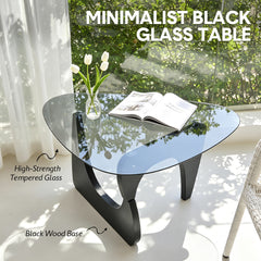 Triangle Glass Coffee Table Modern Side Table Clear Tempered Glass Top with Wood Base for Living Room Office Apartment Small End Table Height 40cm Black