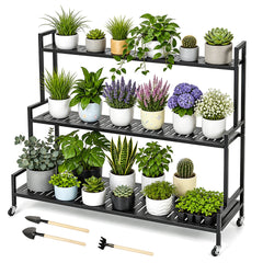 3 Tier Plant Ladder Shelf 120cm Long Steel Flower Pots Organizer with Swivel Wheels for Balcony Patio Garden Living Room 50KG Load Capacity Per Shelf