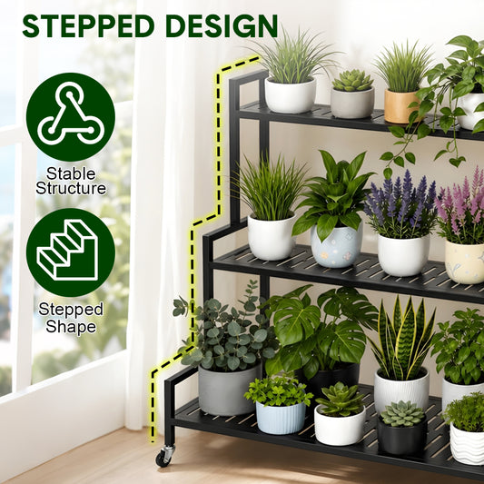 3 Tier Plant Ladder Shelf 120cm Long Steel Flower Pots Organizer with Swivel Wheels for Balcony Patio Garden Living Room 50KG Load Capacity Per Shelf