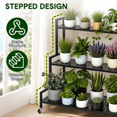 3 Tier Plant Ladder Shelf 120cm Long Steel Flower Pots Organizer with Swivel Wheels for Balcony Patio Garden Living Room 50KG Load Capacity Per Shelf