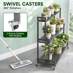 3 Tier Plant Ladder Shelf 120cm Long Steel Flower Pots Organizer with Swivel Wheels for Balcony Patio Garden Living Room 50KG Load Capacity Per Shelf