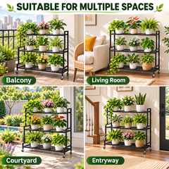 3 Tier Plant Ladder Shelf 120cm Long Steel Flower Pots Organizer with Swivel Wheels for Balcony Patio Garden Living Room 50KG Load Capacity Per Shelf