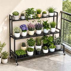 3 Tier Plant Ladder Shelf 120cm Long Steel Flower Pots Organizer with Swivel Wheels for Balcony Patio Garden Living Room 50KG Load Capacity Per Shelf