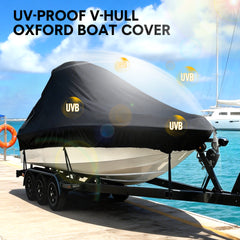 Boat Cover Heavy-Duty 600D UV Resistant and Waterproof Towable Cover with Adjustable Trailering Straps for V-Hull Bass Runabout Fishing Fits 17-19ft Boats