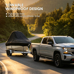 Boat Cover Heavy-Duty 600D UV Resistant and Waterproof Towable Cover with Adjustable Trailering Straps for V-Hull Bass Runabout Fishing Fits 17-19ft Boats