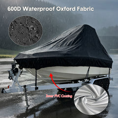 Boat Cover Heavy-Duty 600D UV Resistant and Waterproof Towable Cover with Adjustable Trailering Straps for V-Hull Bass Runabout Fishing Fits 17-19ft Boats