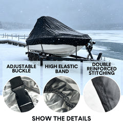 Boat Cover Heavy-Duty 600D UV Resistant and Waterproof Towable Cover with Adjustable Trailering Straps for V-Hull Bass Runabout Fishing Fits 17-19ft Boats