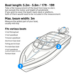 Boat Cover Heavy-Duty 600D UV Resistant and Waterproof Towable Cover with Adjustable Trailering Straps for V-Hull Bass Runabout Fishing Fits 17-19ft Boats