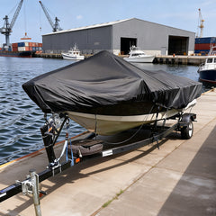 Boat Cover Heavy-Duty 600D UV Resistant and Waterproof Towable Cover with Adjustable Trailering Straps for V-Hull Bass Runabout Fishing Fits 17-19ft Boats