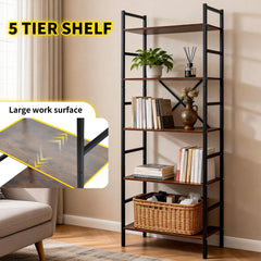 5 Tier Bookshelf Freestanding Open Metal Frame Bookcase Loading Capacity 6kg per Tier for Home Office Living Room Kitchen Rustic Display Stand 60x30x157cm
