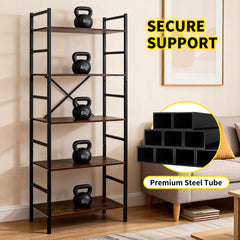 5 Tier Bookshelf Freestanding Open Metal Frame Bookcase Loading Capacity 6kg per Tier for Home Office Living Room Kitchen Rustic Display Stand 60x30x157cm